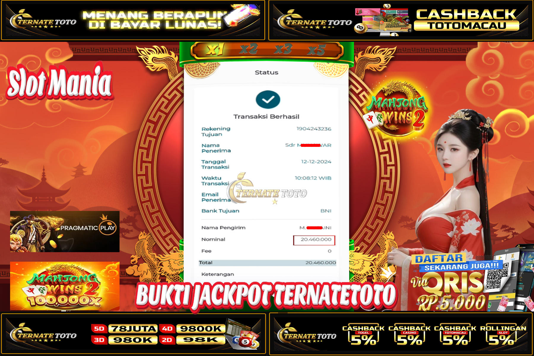 TERNATETOTO - JACKPOT SLOT WAHJONG WINS 2 Rp. 20,460,000,-
